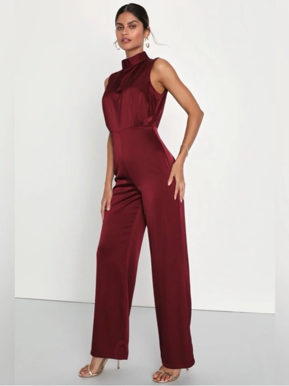 Lulus Classic Elegance NWT Medium Wine Red Satin Sleeveless Mock Neck Jumpsuit - Picture 15 of 15